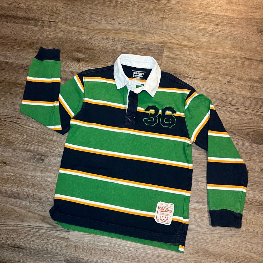 Old Navy Youth Size Medium Rugby Shirt Green, Yellow, And Blue Stripe